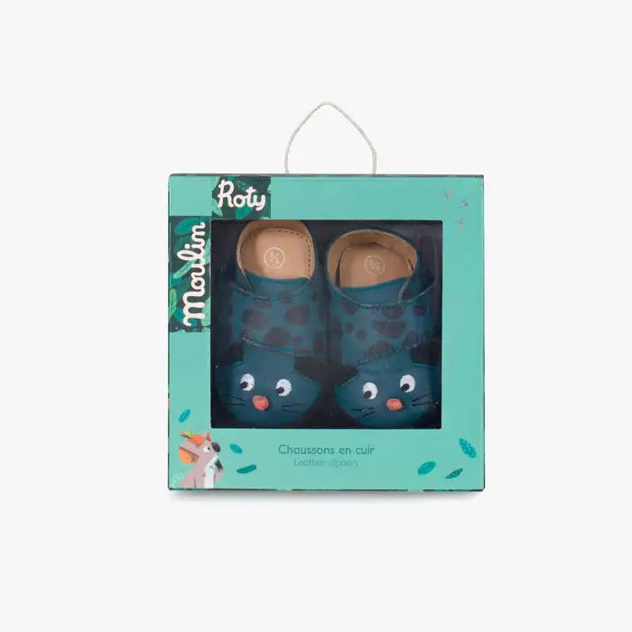 Chaussons cuir panthère bleu 18-24 mois