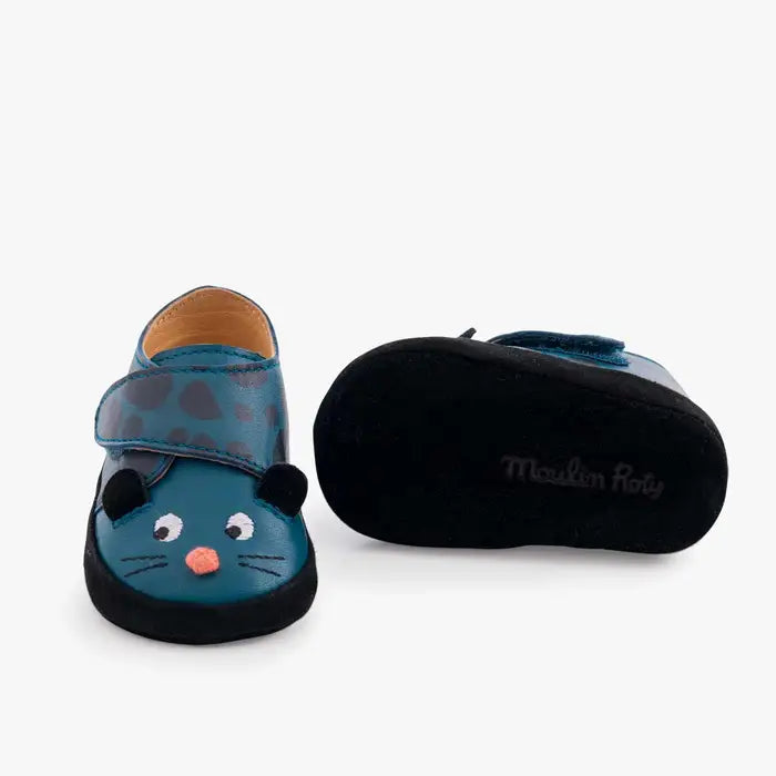 Chaussons cuir panthère bleu 12-18 mois