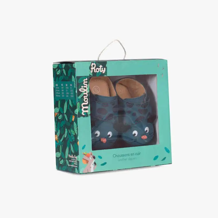 Chaussons cuir panthère bleu 12-18 mois