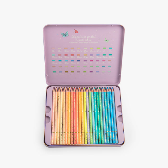 Boîte métal 50 crayons pastels