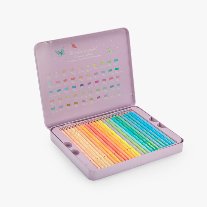 Boîte métal 50 crayons pastels