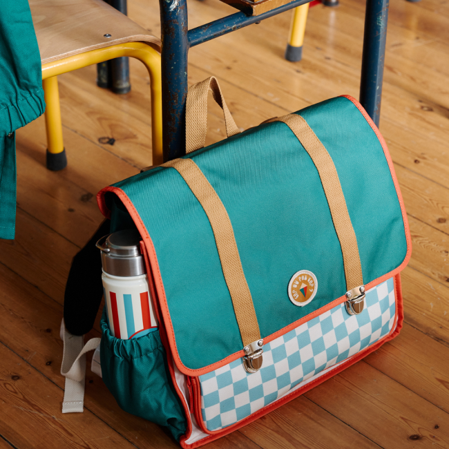 Cartable école vert et damier